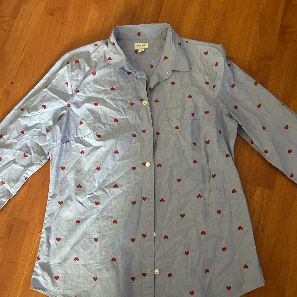 J. Crew Light Blue Shirt with Red Heart Design